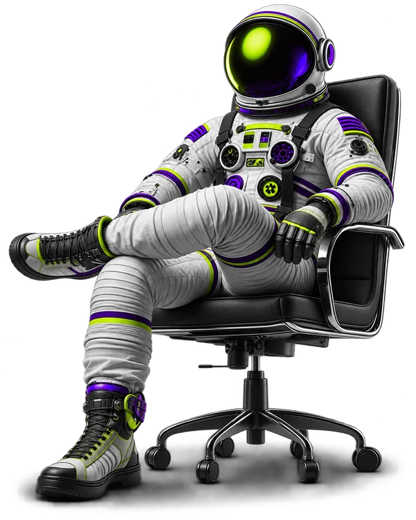 Astronauta sentado em uma cadeira de escritório